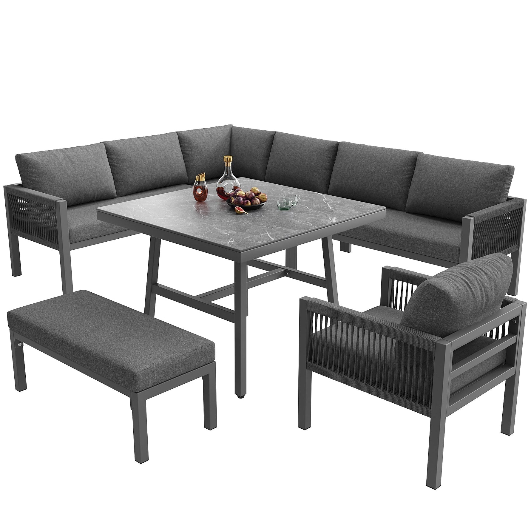 L-Shaped Garden Sofa Set Handwoven 8-Seater Iron Frame Table 2 Armchairs - Grey