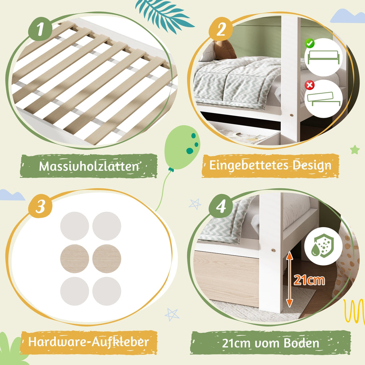 House Bed Children's Bed 90x200cm Solid Wood with Drawers & Removable Nightstand - White & Oak White