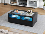 Coffee Table 100x50x35cm LED Light 2 Drawers Glass Storage Black