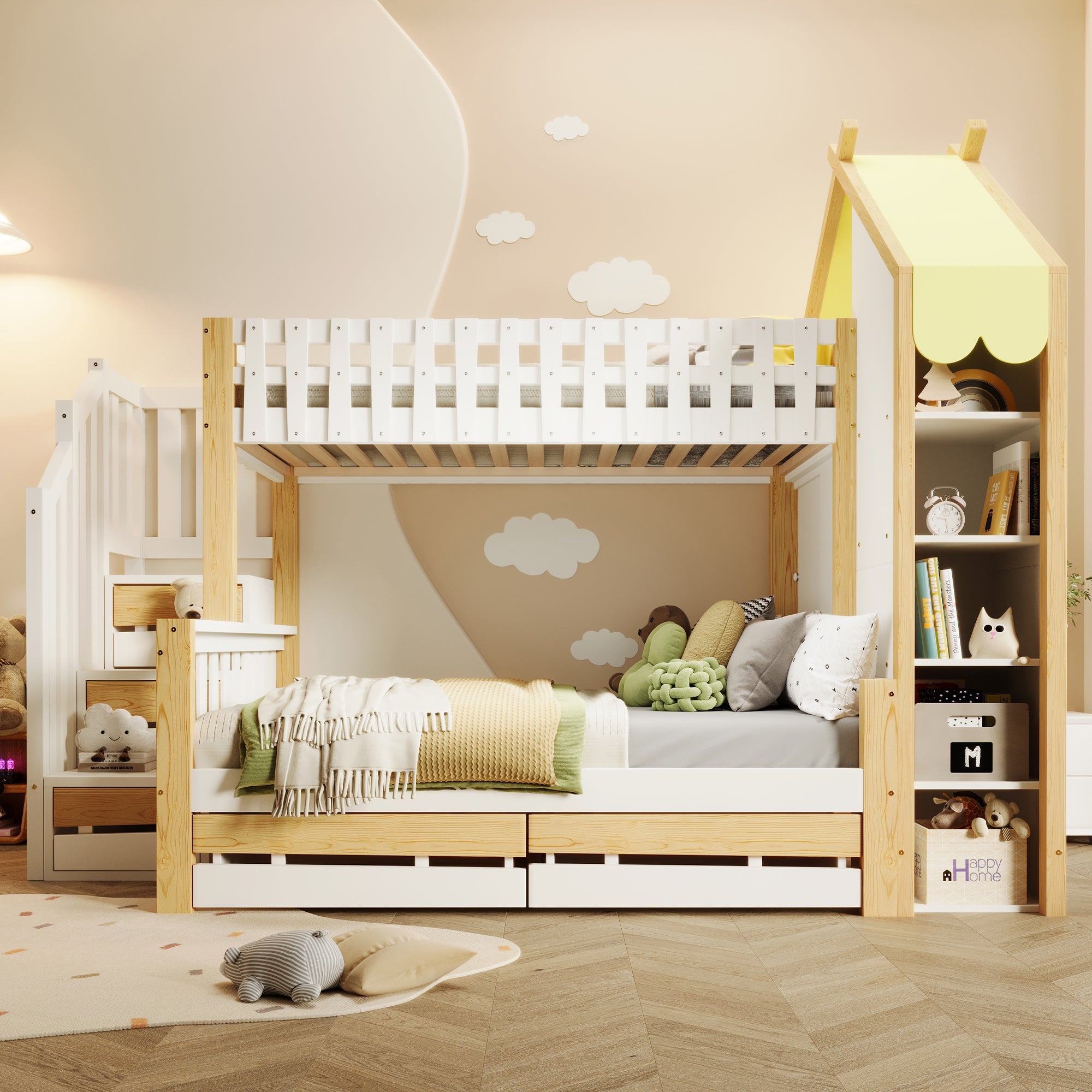 Bunk Bed, 90x200cm + 140x200cm, Storage Ladder, 2 Drawers, White + Natural