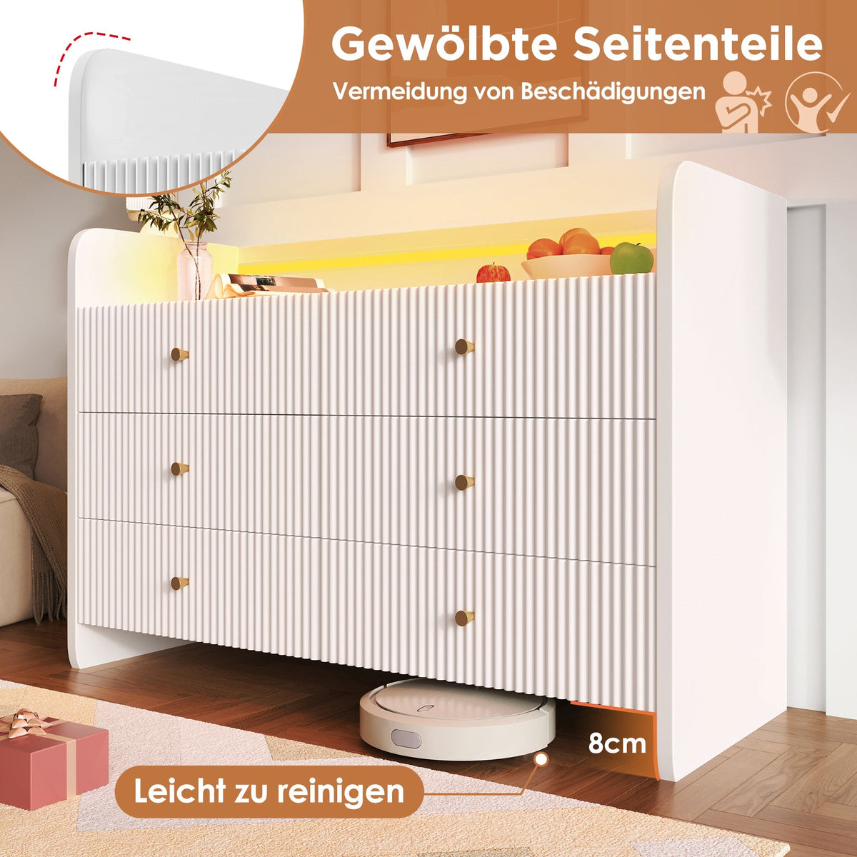 Sideboard, LED Lighting, 6 Drawers, Wave-Shaped Groove, White