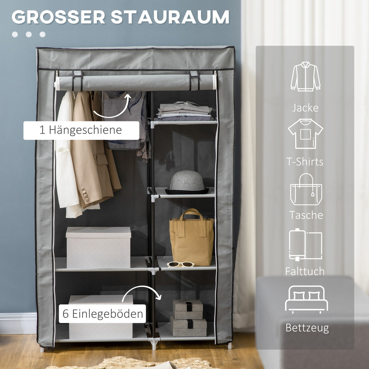 Wardrobe Fabric, 6 Compartments, Foldable, Grey