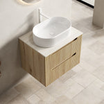 Floating Bathroom Vanity Unit with Oval Sink and Sintered Stone Top, White Oak Wood Grain