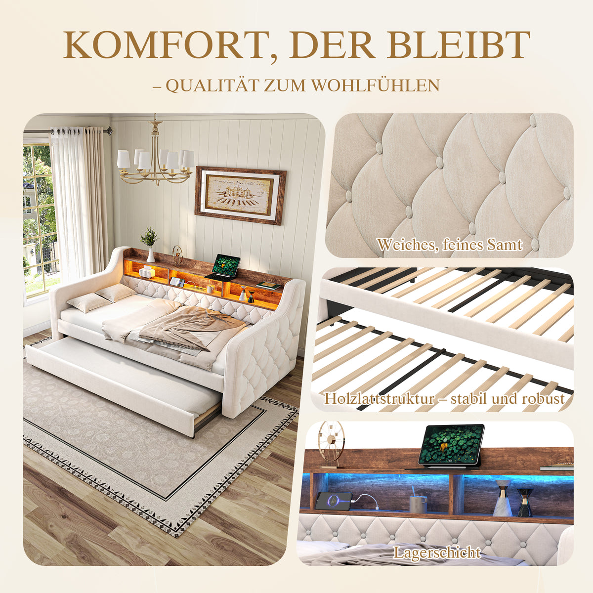 Space-Saving Sofa Bed 90x190cm with Storage & LED, Beige Velvet