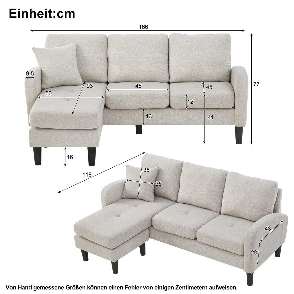 L-shaped Corner Sofa 3-Seater Chaise Modular - Cotton-Linen