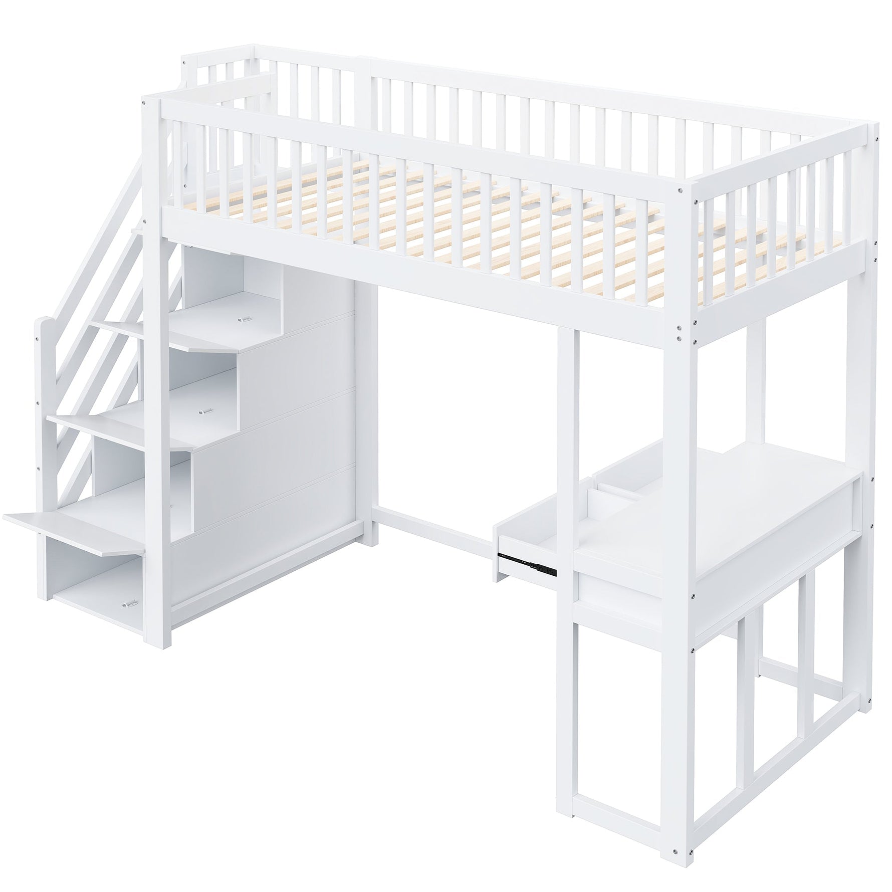 Loft Bed with Multifunctional Table and Storage Stairs, 90x200cm, White Pine Wood