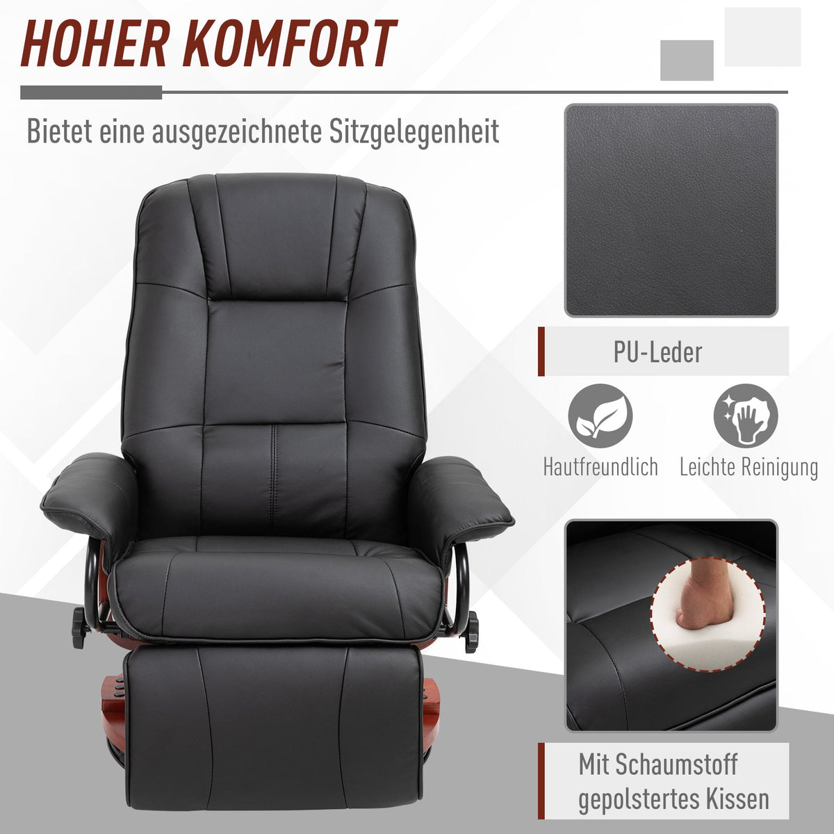Recliner Chair TV with Footrest 360° Swivel Wooden Base Faux Leather Black