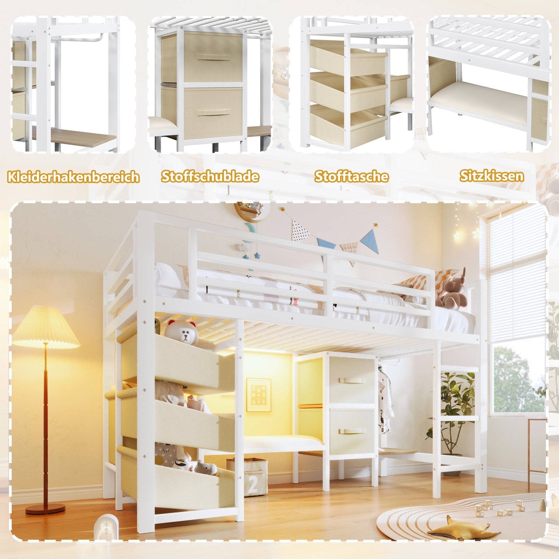 Mid-Height Bed with Storage Drawer and LED Lighting, 90x200 cm, Metal, White