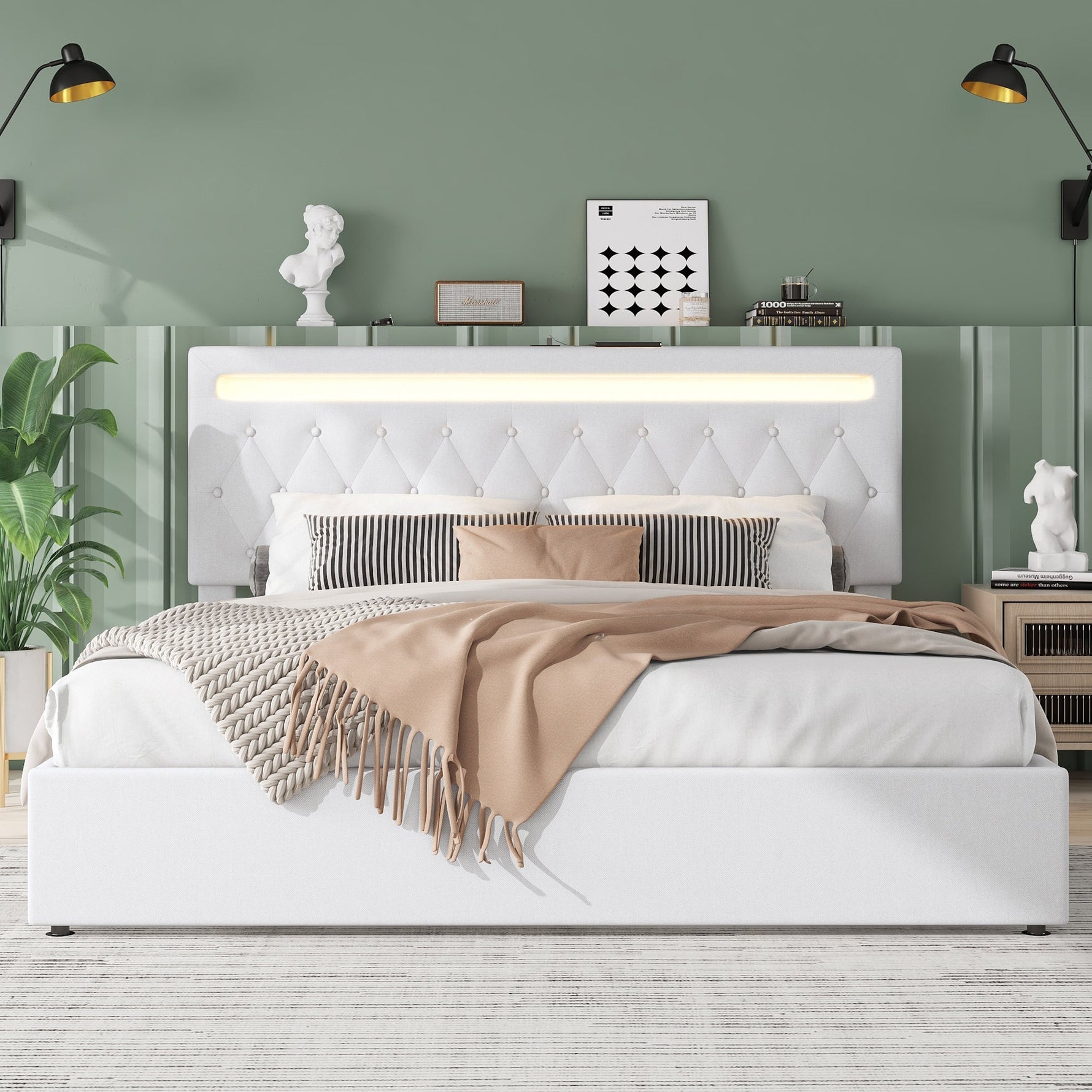Upholstered Bed 180x200cm Hydraulic Storage LED USB - White