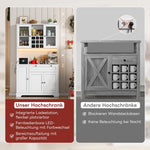 Tall Kitchen Cabinet with LED Lighting, Power Outlet and Spice Rack, White and Wood Look