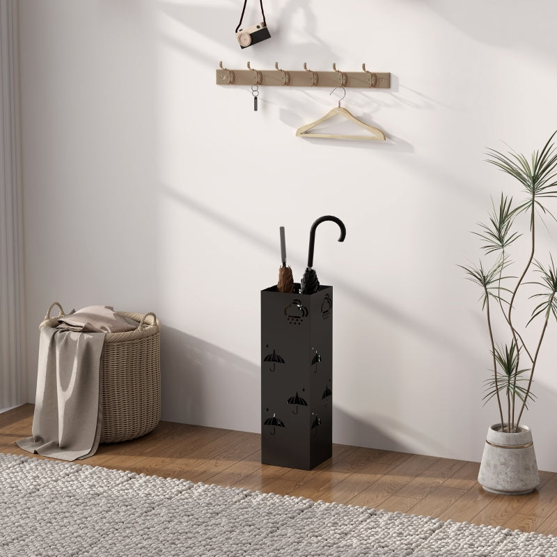 Umbrella Stand, 4 Hooks, Water Catcher, Steel Black