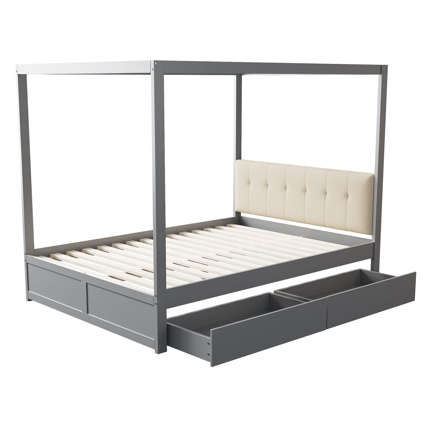 Canopy Bed 140x200 cm with Large Drawers & Soft Headboard, Wooden Grey