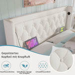Upholstered Double Bed, Hydraulic Storage, USB-C, LED, White PU