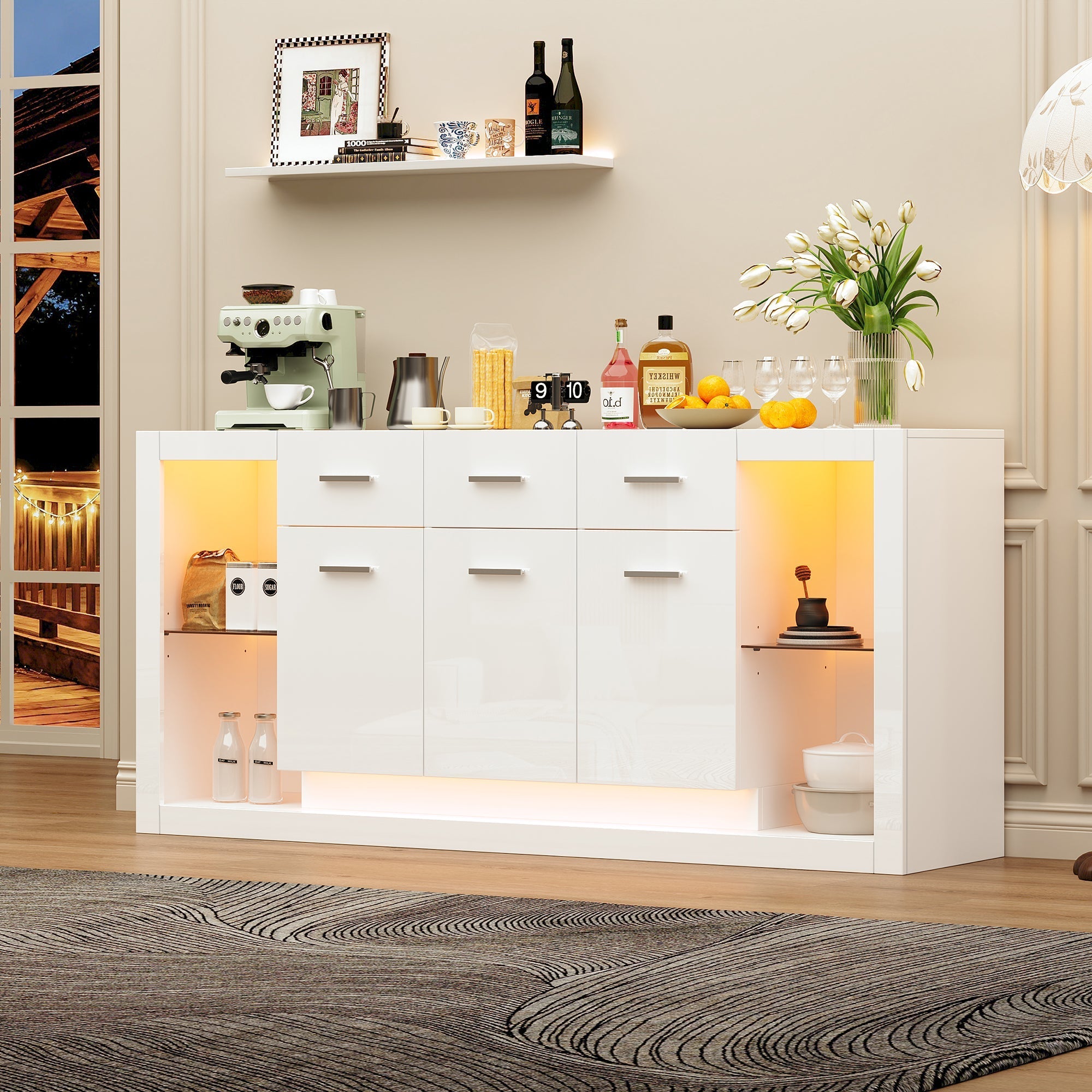 High-Gloss Sideboard 160cm with LED Light and 3 Drawers - White