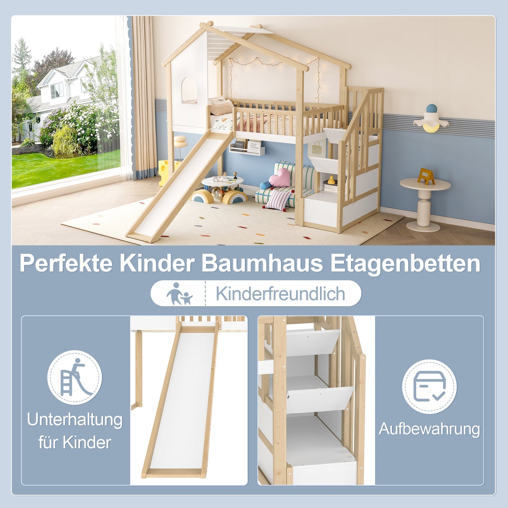 Loft Bed with Storage Ladder, Slide and Window, Natural and White