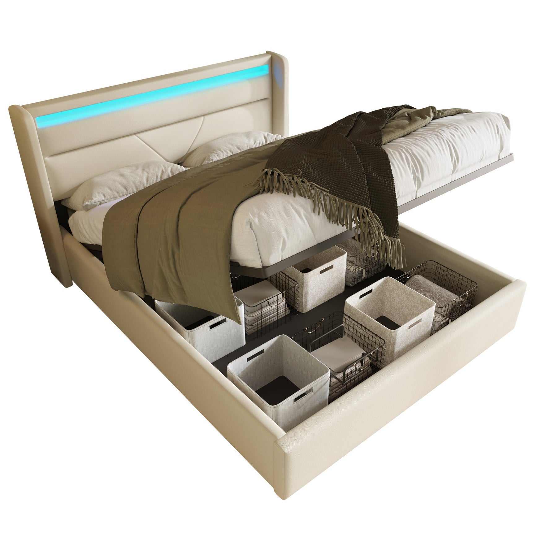 Hydraulic Storage Bed, 160x200cm Upholstered with LED Strip, White