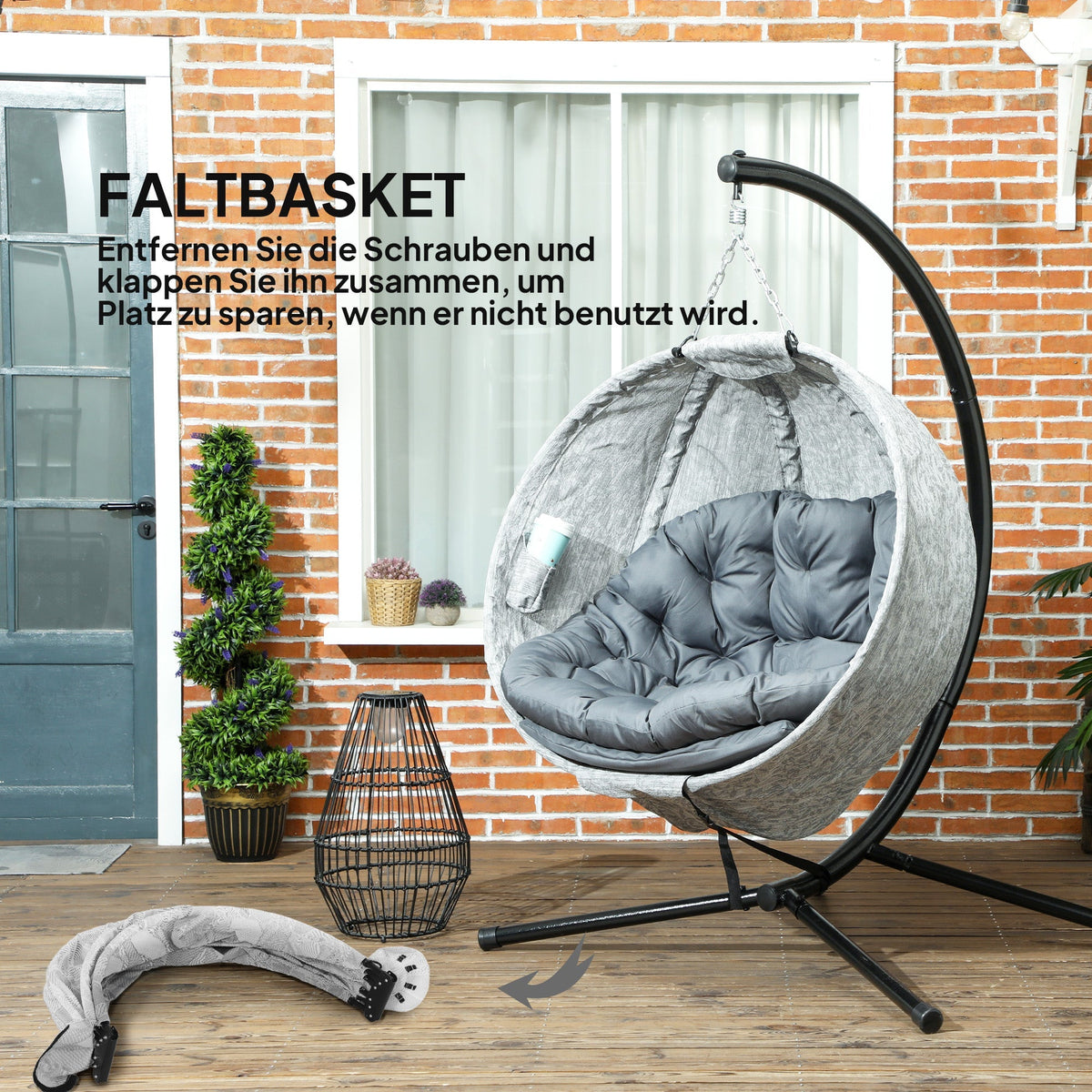 Egg-Shaped Outdoor Hanging Chair, Foldable Swing with Cup Holder, Gray