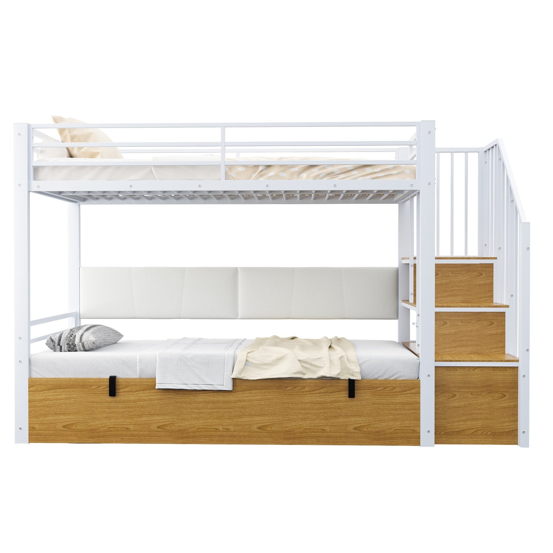 Iron Loft Bed with Padded PU Backrest and Hydraulic Function, 90x200cm, White