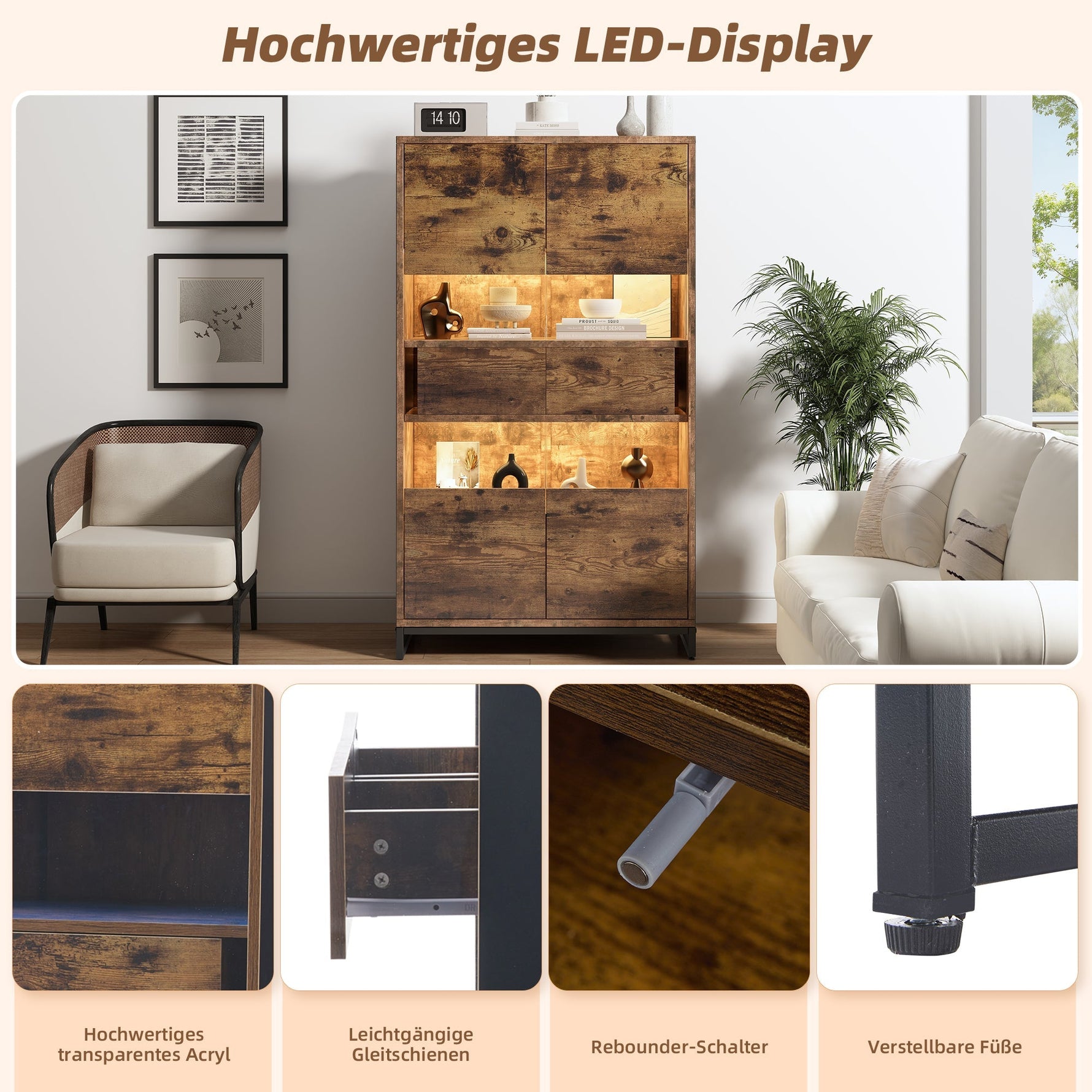Display Cabinet LED Lighting Storage 2 Drawers Highboard, Black + Wood Grain