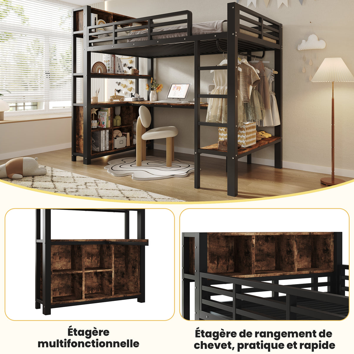 Loft Bed 90x200 cm with Desk, Shelves & Clothes Rack, Black