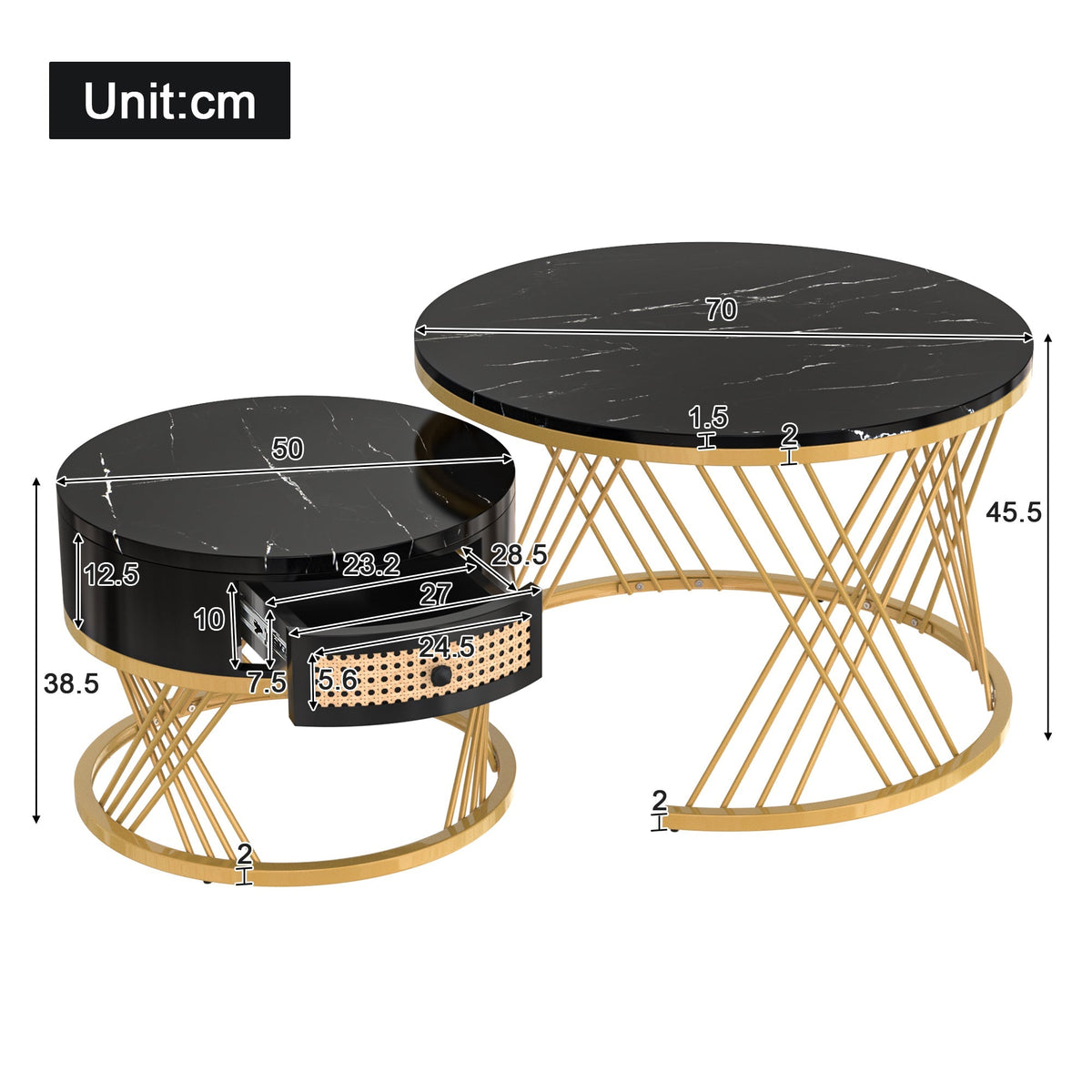 2-in-1 Round Coffee Table, Marble Top, Rattan Drawers, MDF & Gold