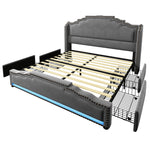 Upholstered Bed 140x200, Double with 4 Drawers, LED & USB-C, Velvet Grey