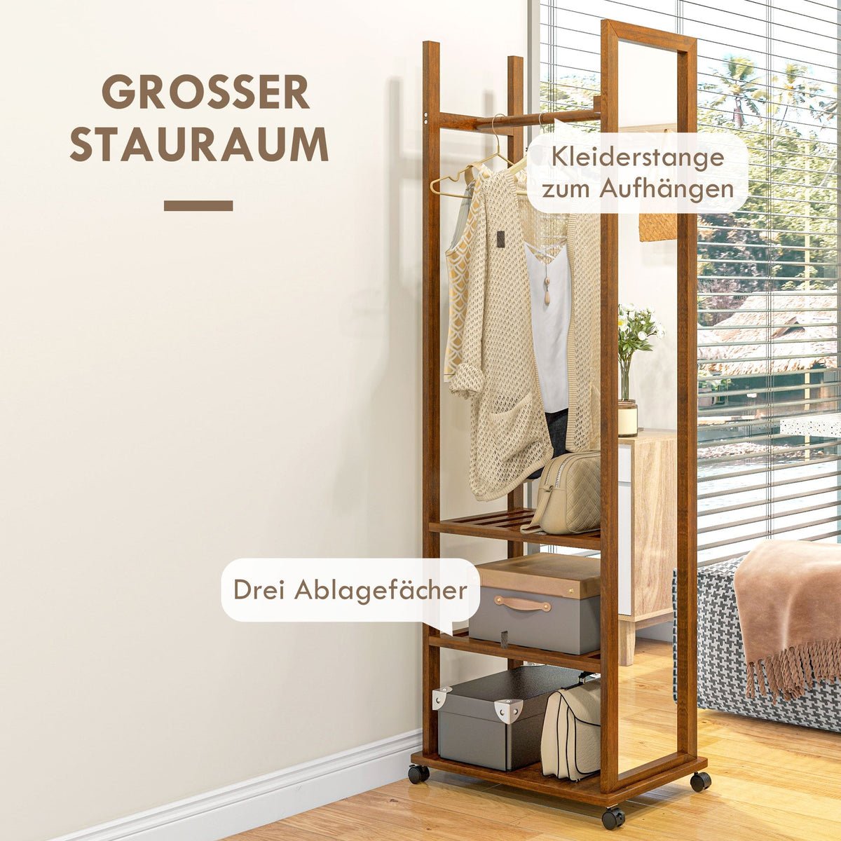 Standing Mirror with Wheels, 3 Levels Clothes Rail, Walnut
