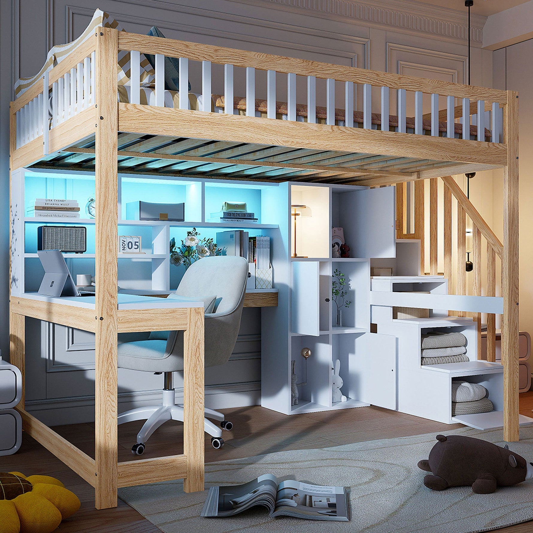 Loft Bed with Desk, LED Lights and Storage Shelves, 140x200cm, White and Natural