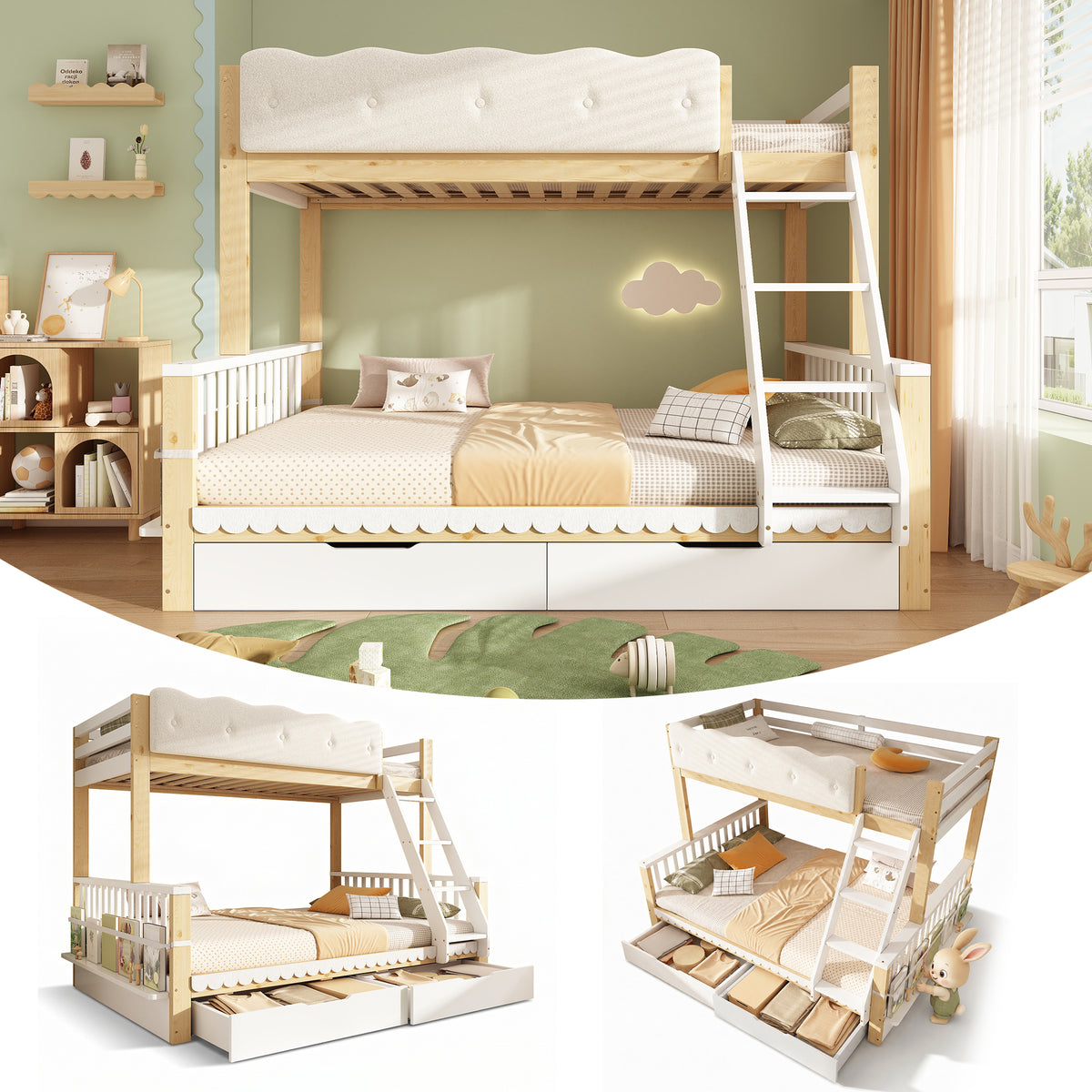 Children's Bunk Bed 90x200/140x200 with Drawers, White & Oak