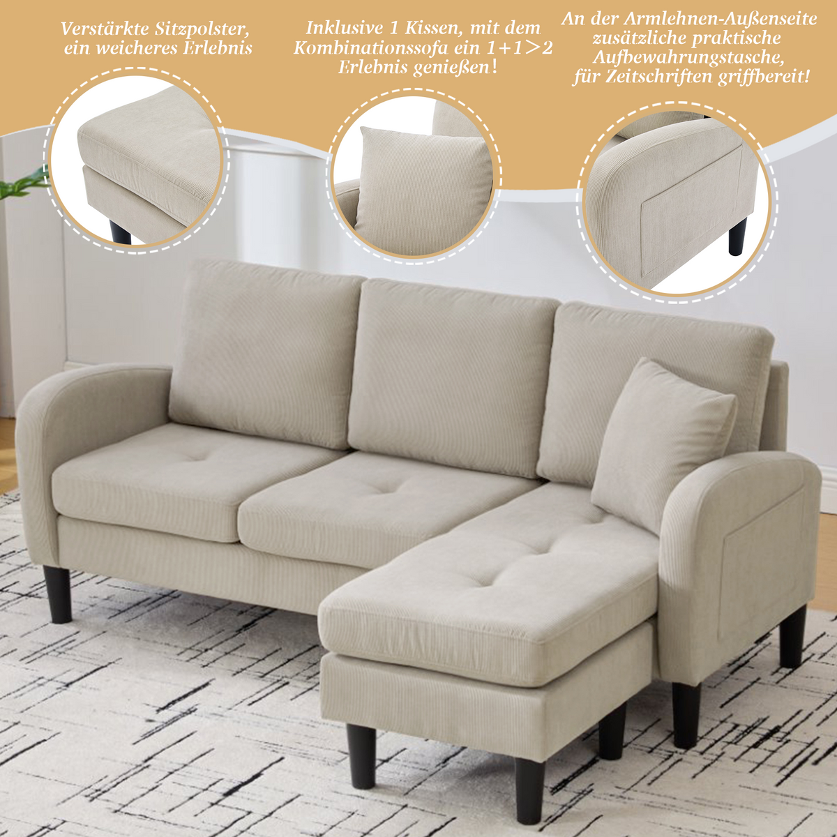 L-shaped Corner Sofa with Chaise Longue, 3-Seater Modular Design, Corduroy Fabric