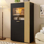 Modern Storage Cabinet, 16-Color LED Lights, Adjustable Shelves, Cable Management, PB with Glass Doors