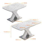 Dining Table 120-160CM Stretchable Modern Rectangle Marble Top, White/MDF/Metal Base