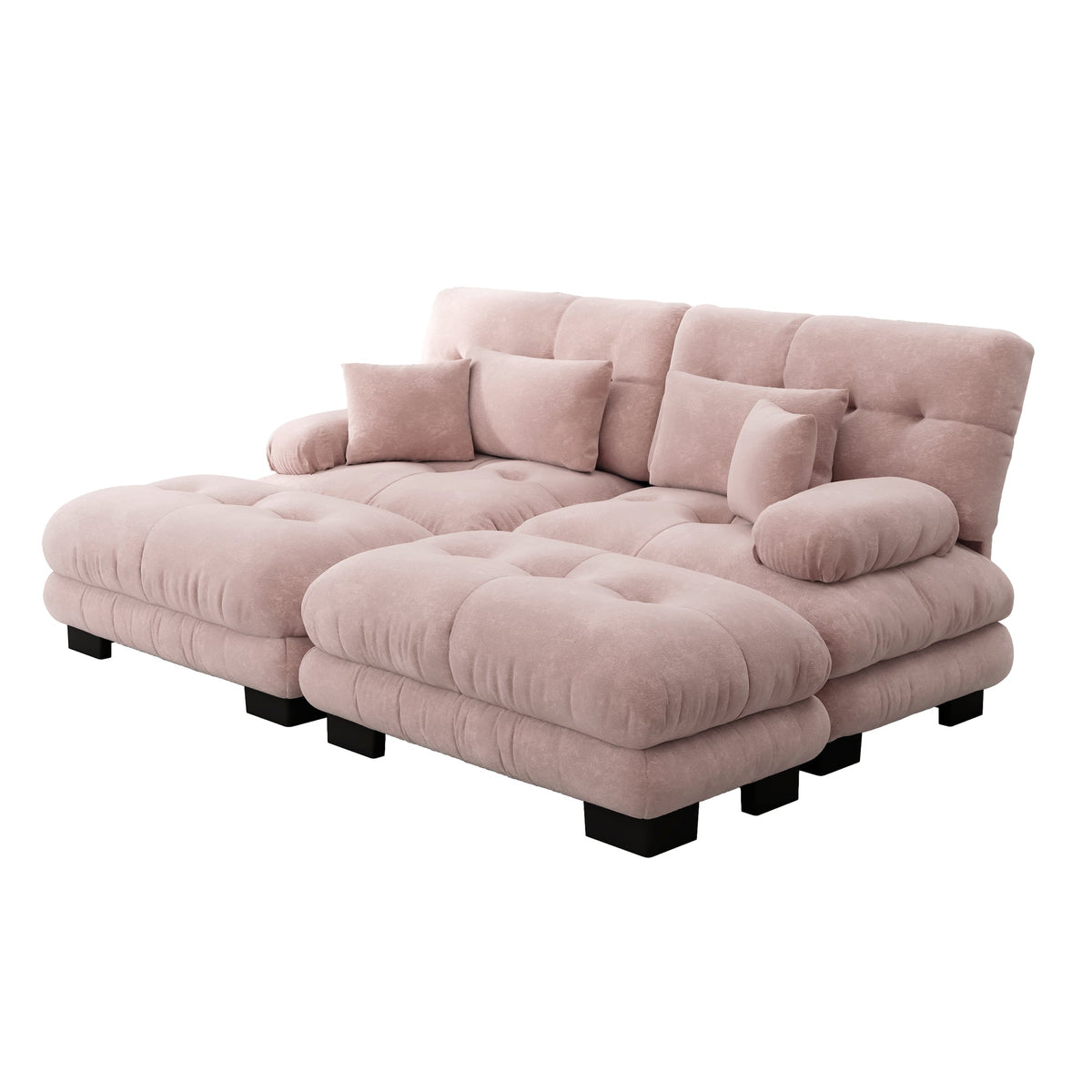 Cloud Corner Sofa, Double with Lumbar & Decorative Pillows, Ottomans, Chenille Pink