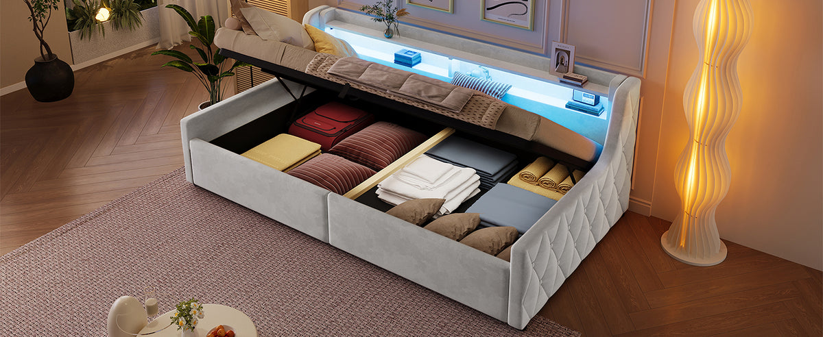 90x200 Platform Bed with Hydraulic Storage & LED, Beige Velvet