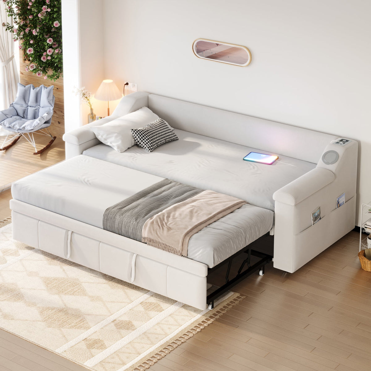 Sofa Bed, 90/180*190cm, Bluetooth, USB, Storage, Slatted Frame, Velvet Beige