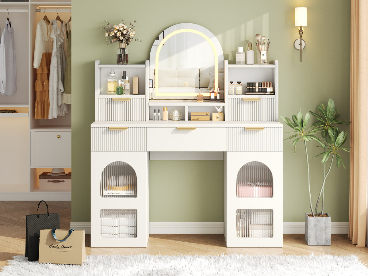 Large Dressing Table with LED Mirror, 3 Drawers & Shelves, White