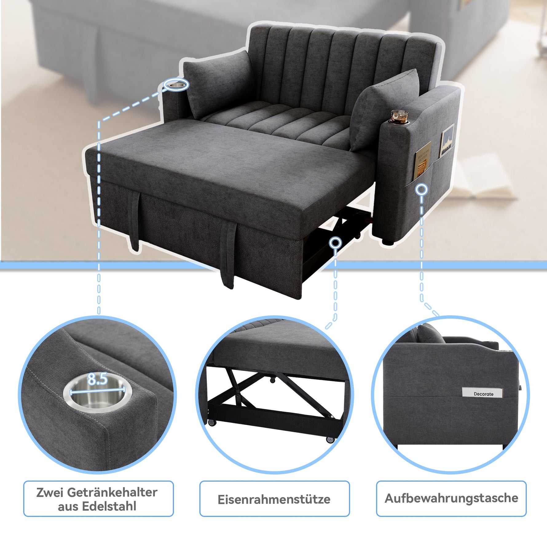 Modern Sofa Bed Multifunctional Adjustable Backrest with Drink Holder & Cushions