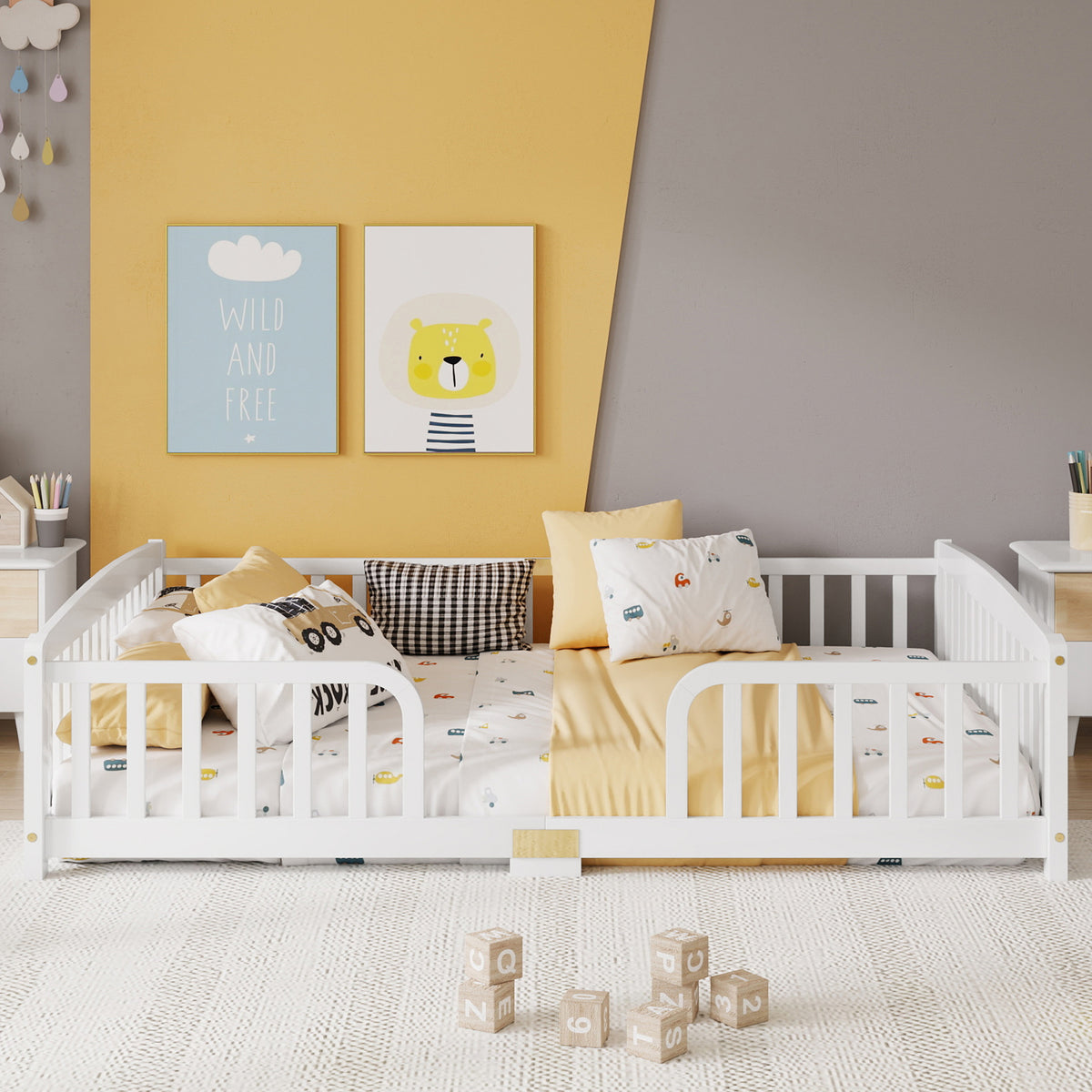 Floor Bed 140x200 cm with Safety Railings - Pine Wood, White