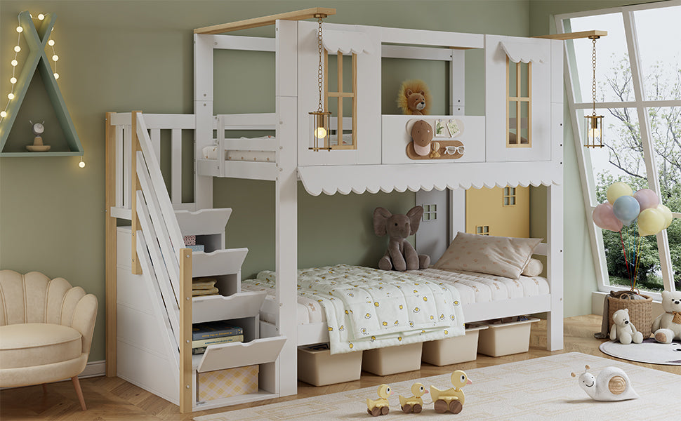 Children's Bunk Bed 90x200cm with Storage Stairs, White & Natural
