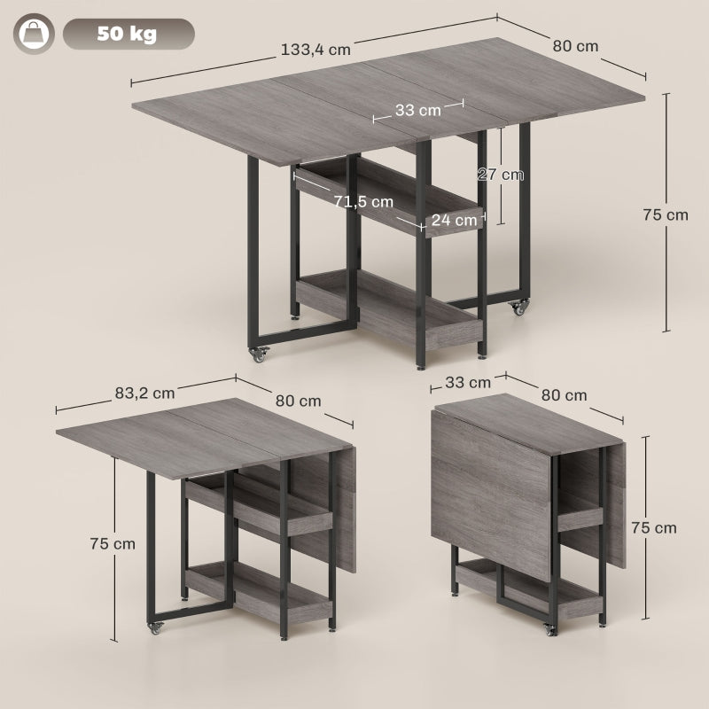 Folding Dining Table, 2-4 People Mobile with 2 Open Shelves, Gray