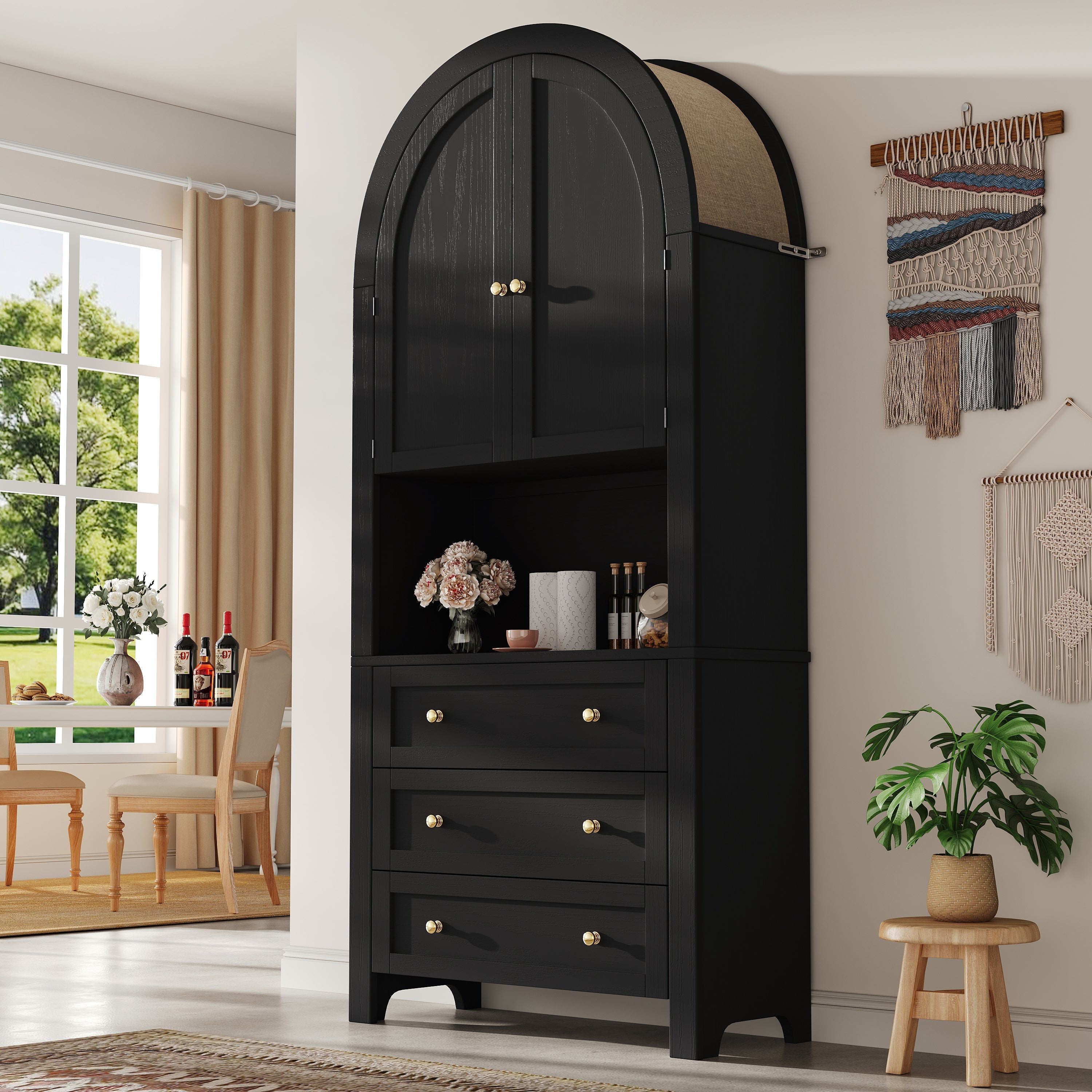Tall Arched Storage Cabinet with Drawers, Doors & Open Display Area - Black