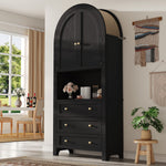 Tall Arched Storage Cabinet with Drawers, Doors & Open Display Area - Black
