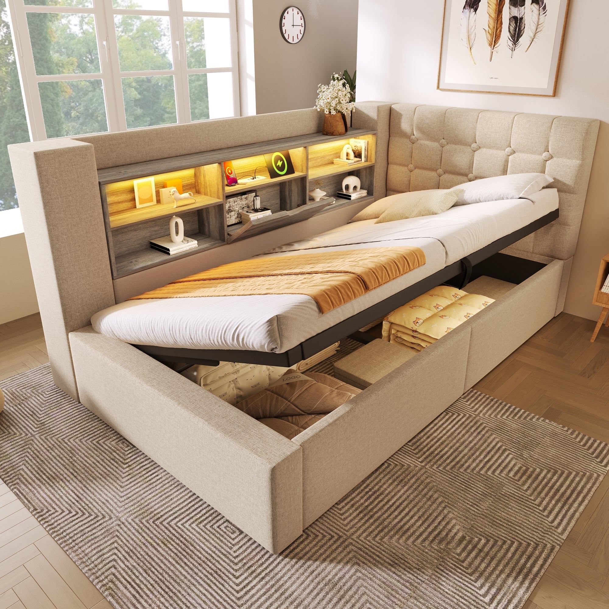 Upholstered Single Bed with LED, Hydraulic Storage and L-Shaped Headboard, 90x190cm, Beige Linen Fabric