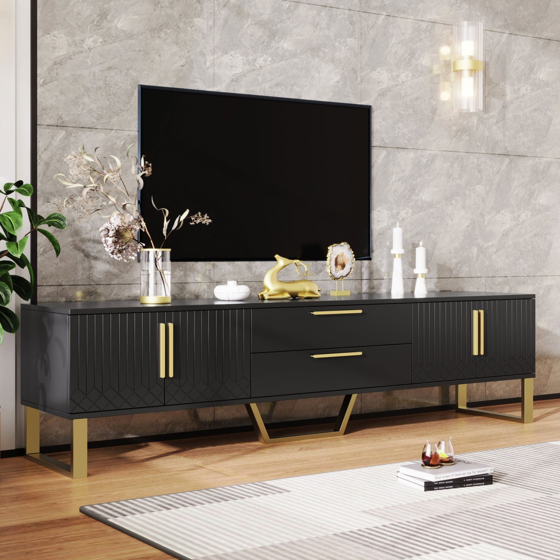 TV Cabinet High-Gloss Engraved Door Storage Gold Handles/Feet