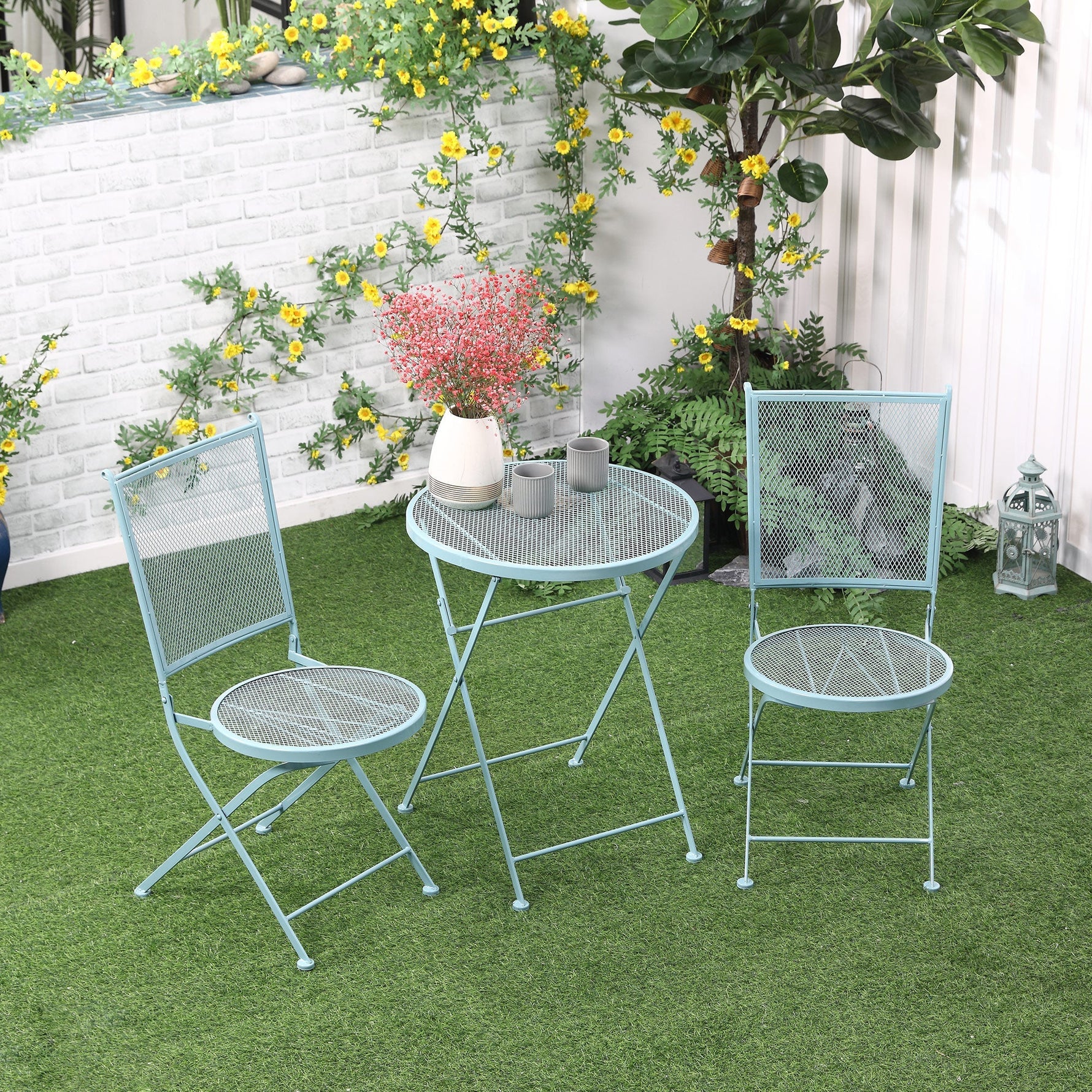 Garden Seating Group, 2-Person Bistro Set with Folding Chairs, Metal Blue