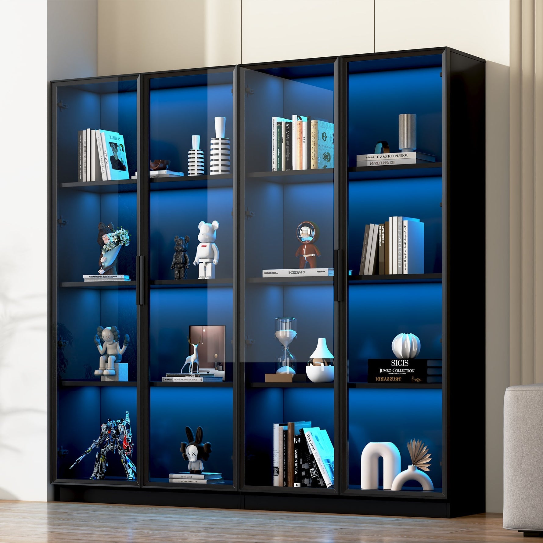 Glass Display Case, App-Controlled LED Lighting 4-Door Storage Cabinet, Freestanding