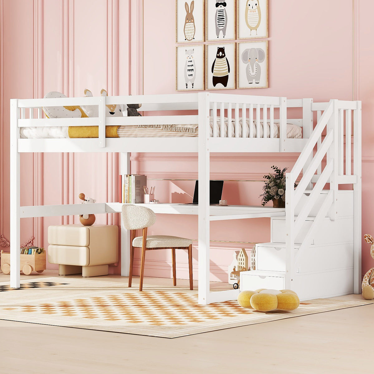 Children's Loft Bed 140x200cm with Storage Drawers & Desk, White