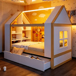 Children's House Bed 90x200 with 2 Drawers & LED, White & Natural