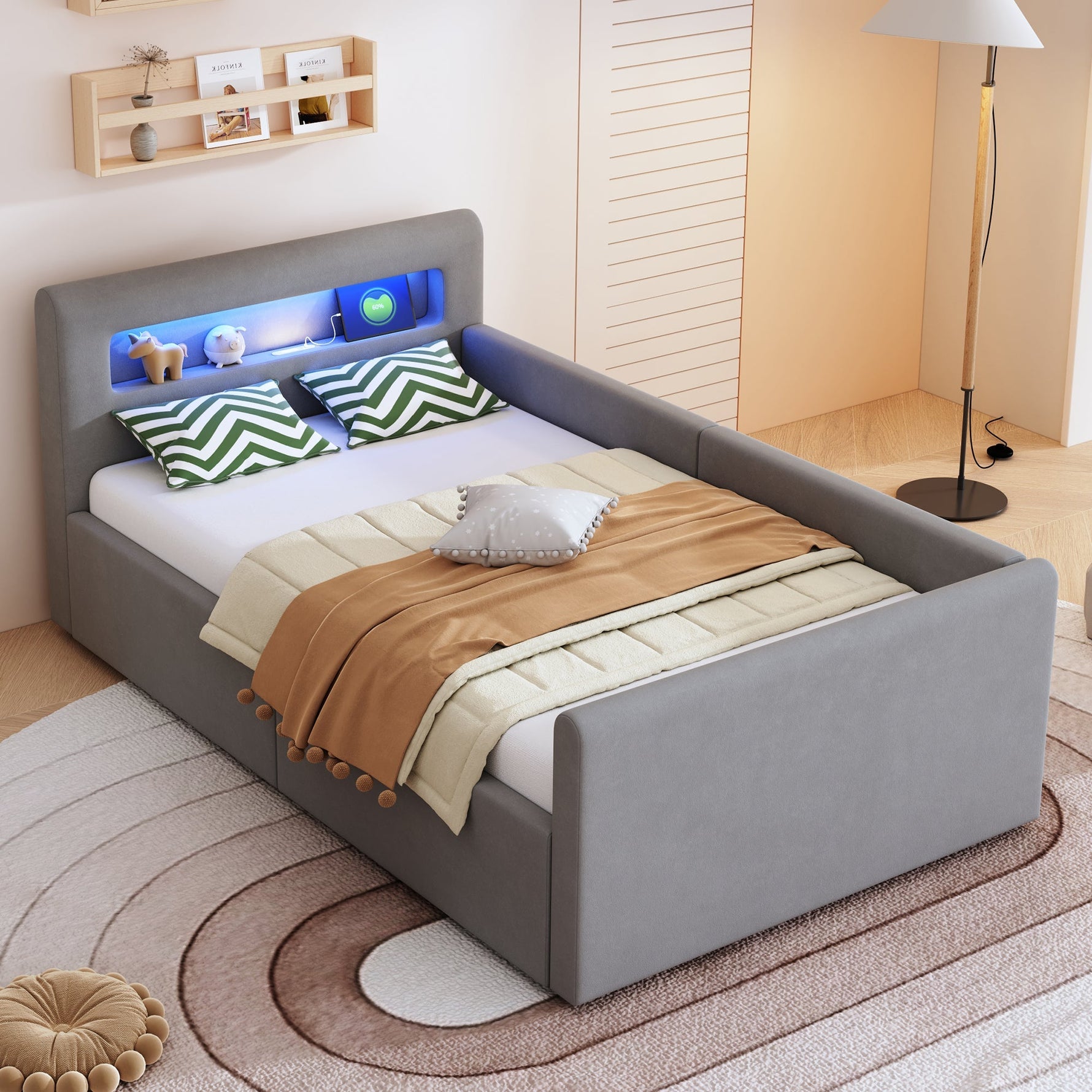 Upholstered Children's Bed 90x200cm LED USB Hydraulic Storage, Light Grey Velvet