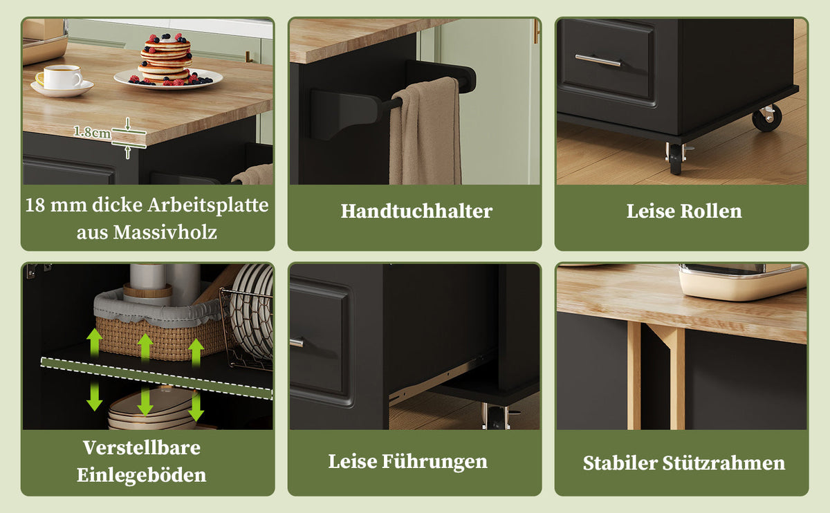 Mobile Kitchen Table with Foldable Worktop and 3 Drawers, Oak Look